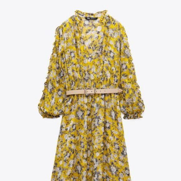 ZARA YELLOW FLORAL JACQUARD PRINT DRESS - Picture 1 of 2